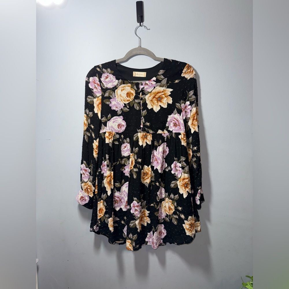 Altar'd State Black Swiss Dot Floral Mini Long sleeve Dress Small EUC feminine